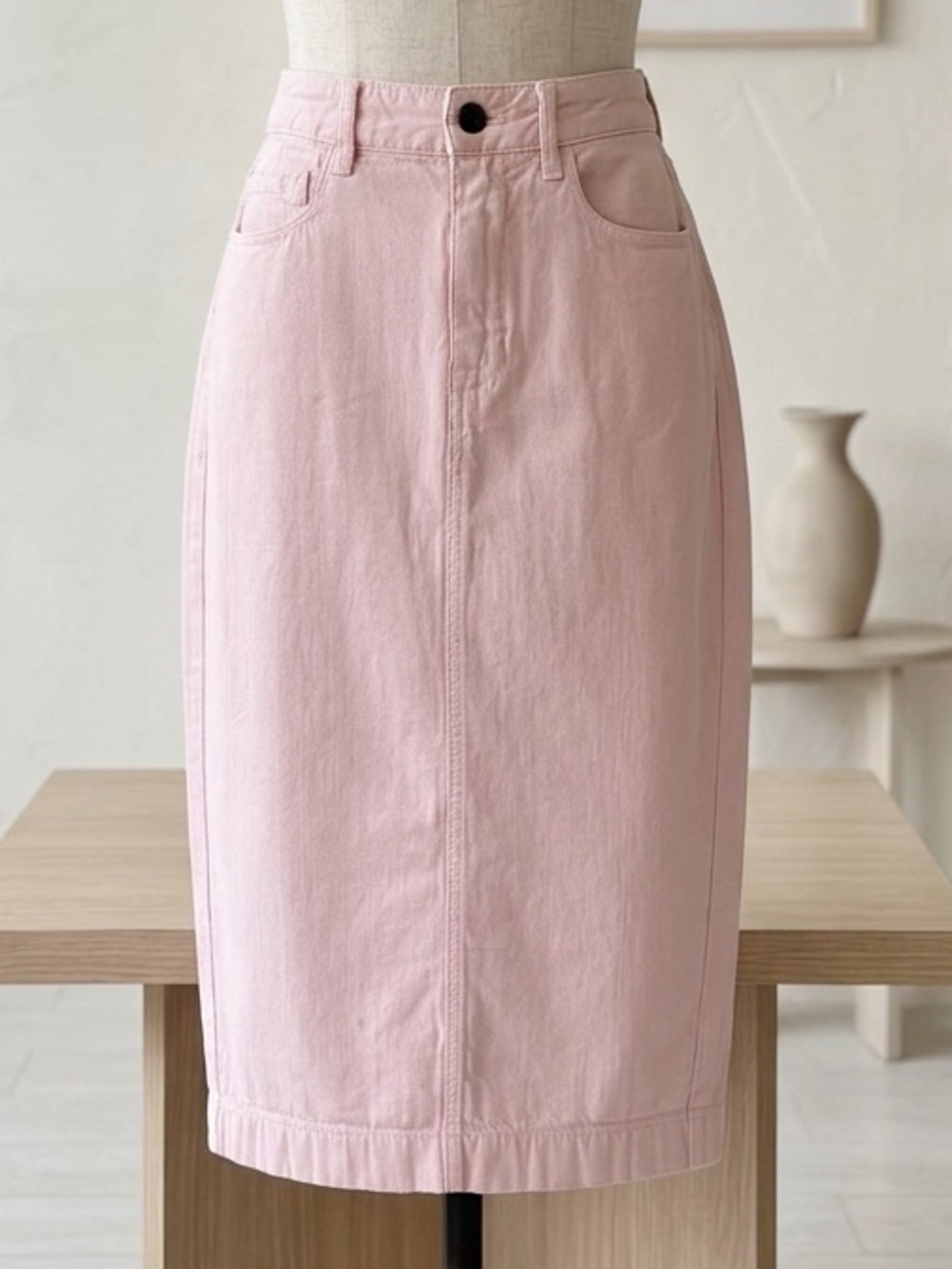 Madewell| Blush Pink 100% Cotton Denim Midi Fitted Pencil Skirt Sz 28 Regular - Picture 1 of 4